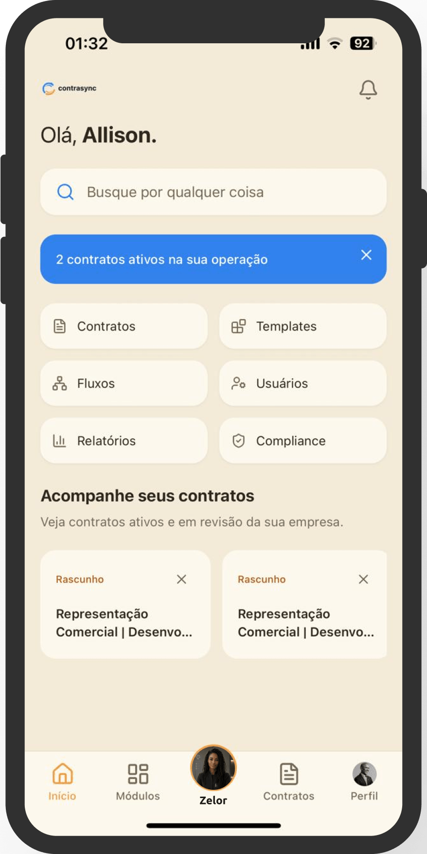 Tela inicial do app do Contrasync com contratos, templates e compliance